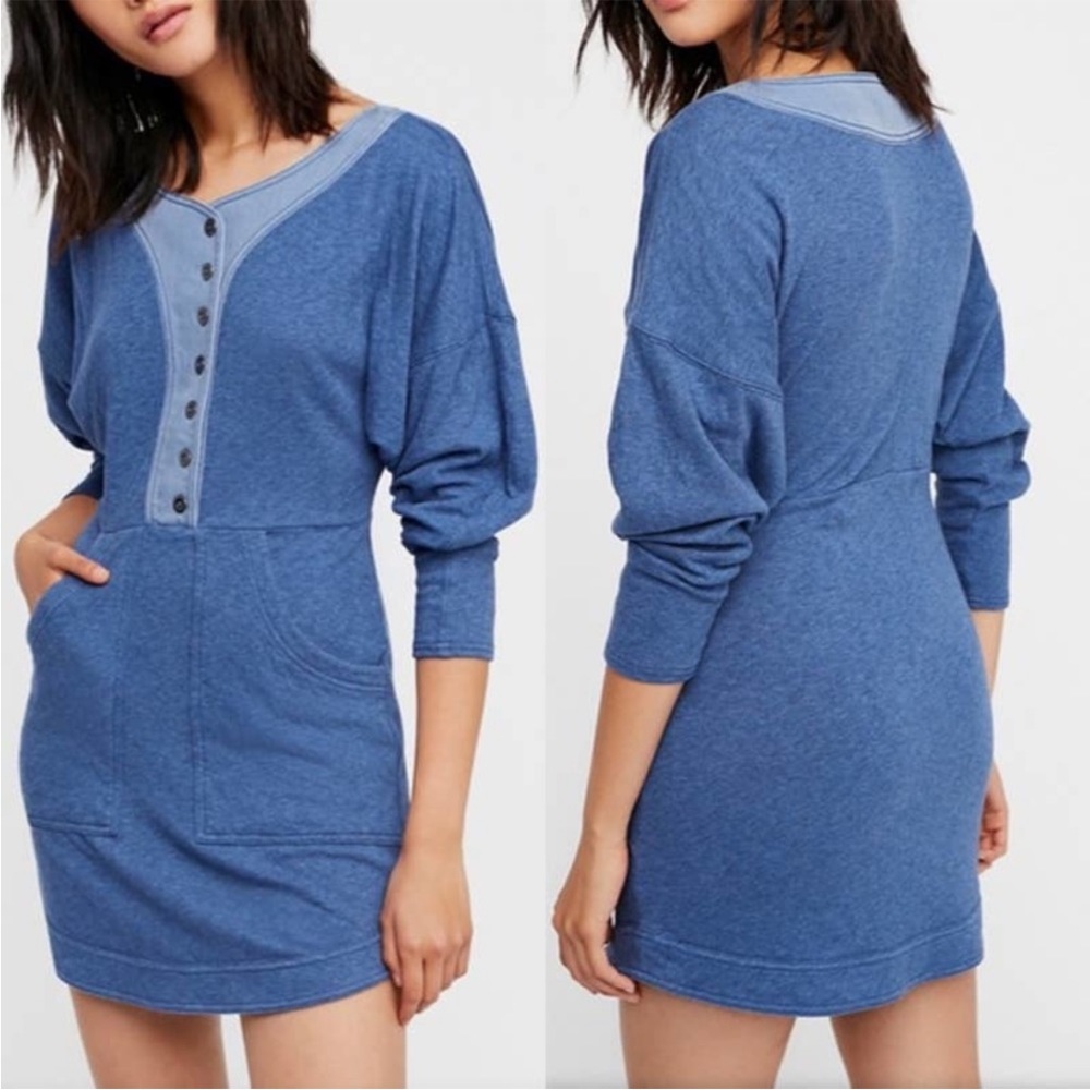 Free People Seeking Heart Ocean blue sweatshirt mini dress